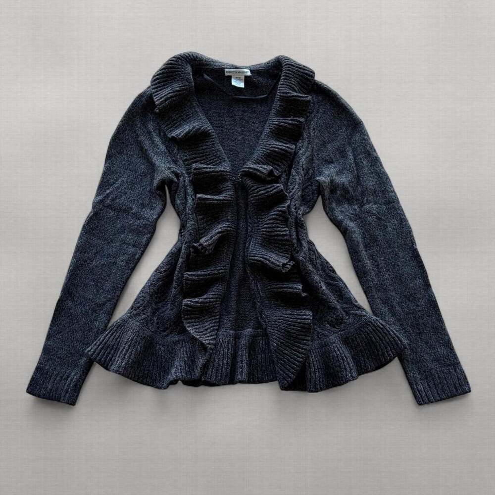 Y2K Rebecca Malone Ruffle Cardigan Sweater Womens M Charcoal Gray Peplum Knit